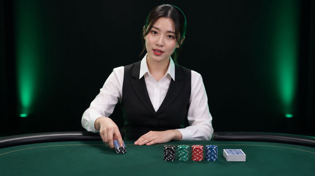강사가 포커 테이블에서 칩 컷팅을 시연하는 강의 화면